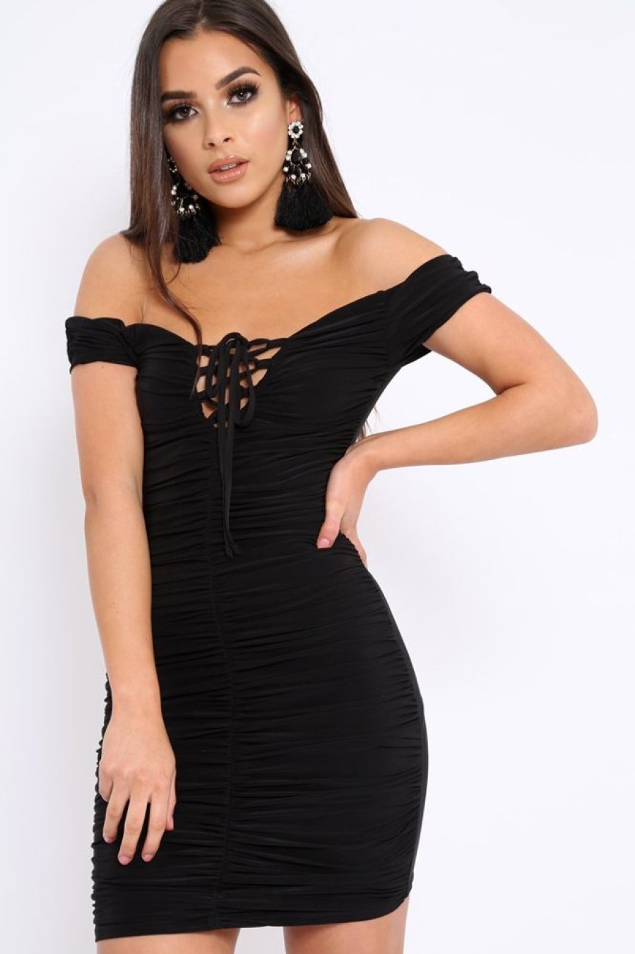 Clothing Rebellious Fashion | Black Ruched Slinky Lace Up Dress - Rosina