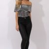 Clothing Rebellious Fashion | Silver Metallic Bardot Choker Bodysuit - Ofelia