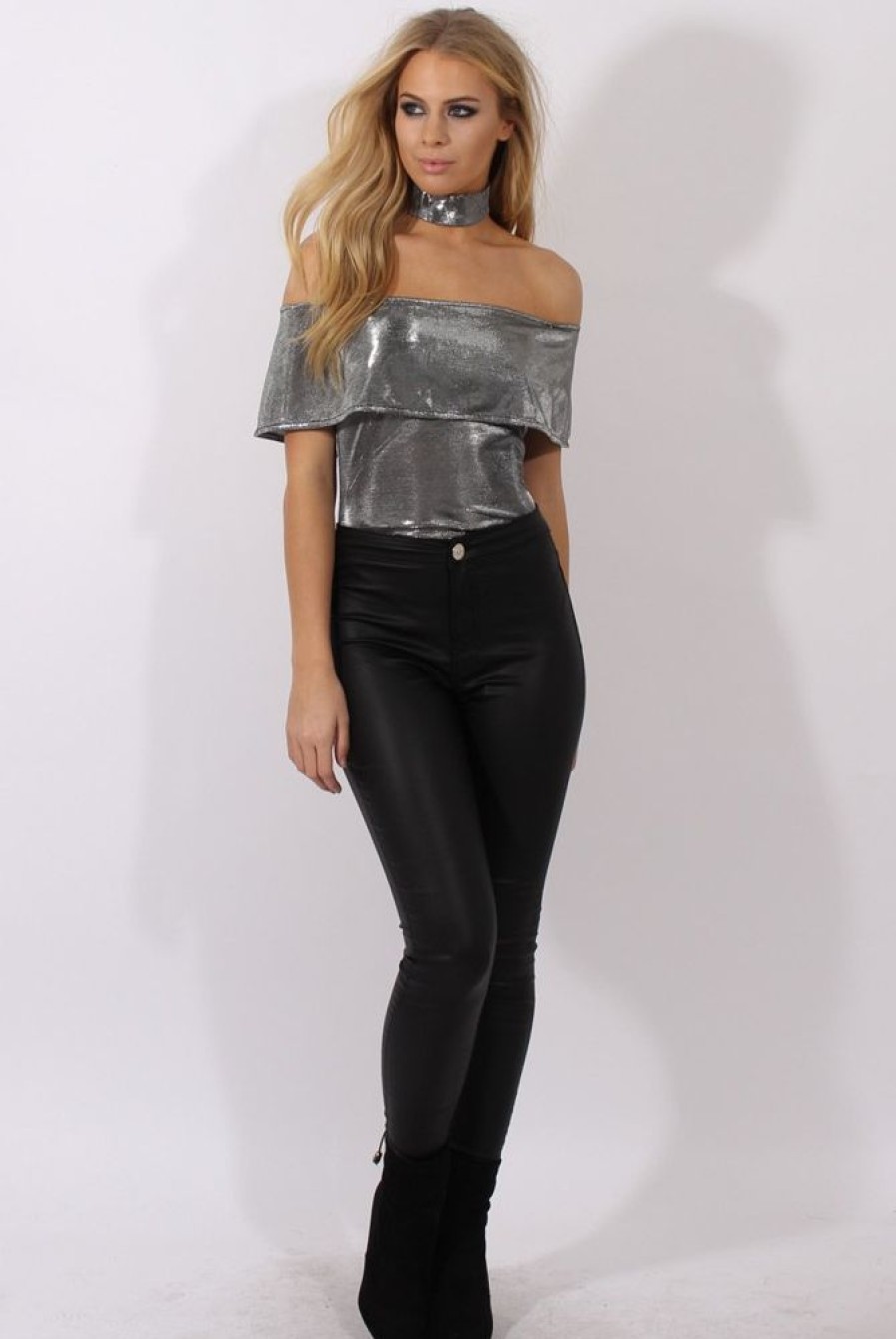 Clothing Rebellious Fashion | Silver Metallic Bardot Choker Bodysuit - Ofelia