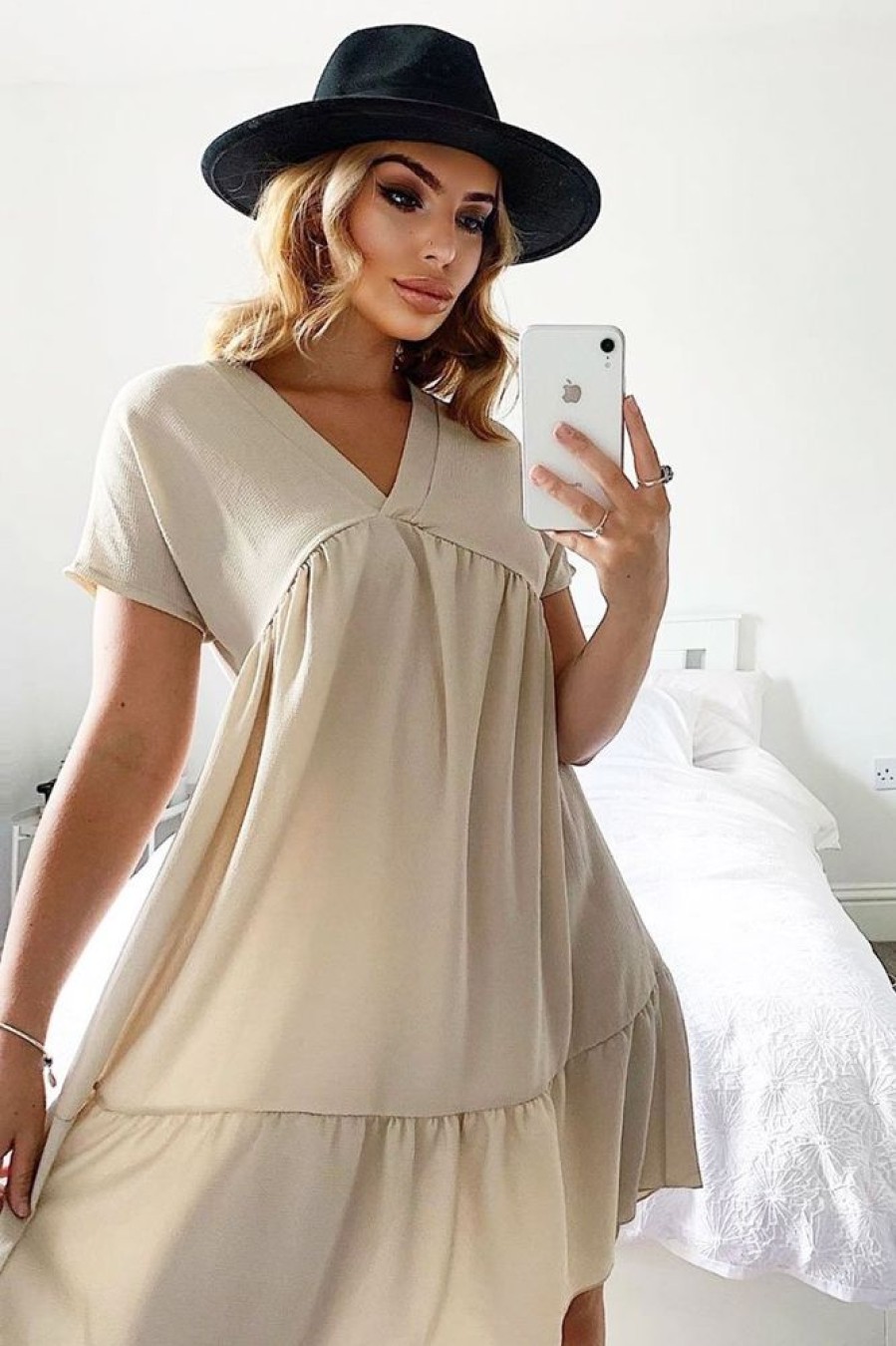 Clothing Rebellious Fashion | Beige Plunge Smock Dress - Cambriella