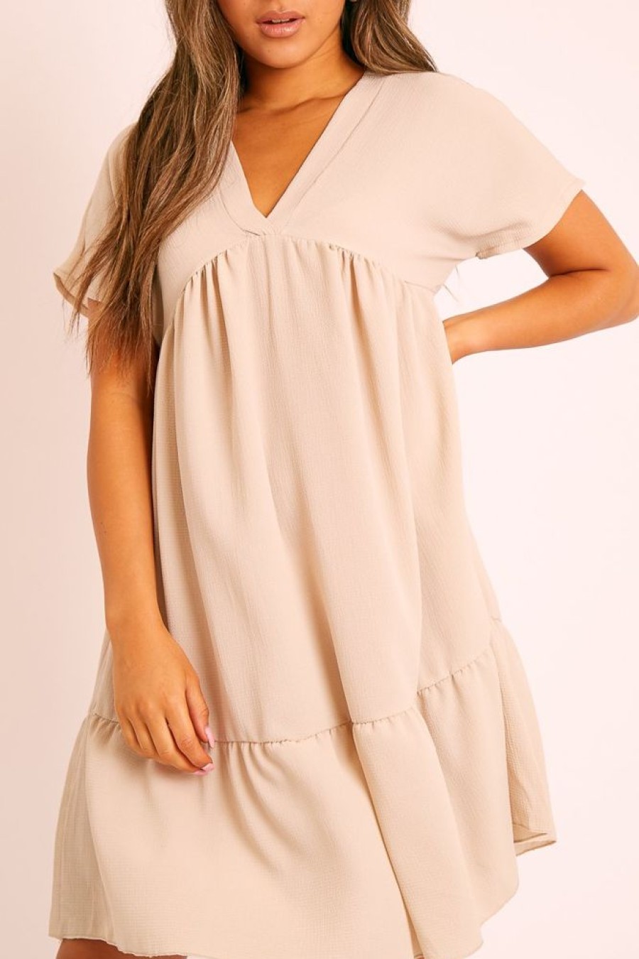 Clothing Rebellious Fashion | Beige Plunge Smock Dress - Cambriella