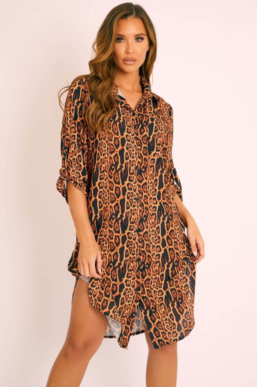 Clothing Rebellious Fashion | Leopard Print Button Up Sleeve Shirt Dress - Zoey