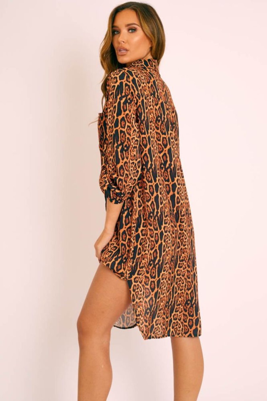 Clothing Rebellious Fashion | Leopard Print Button Up Sleeve Shirt Dress - Zoey