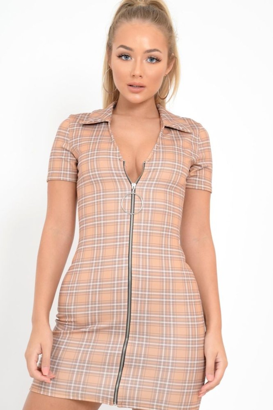 Clothing Rebellious Fashion | Mustard Check Plunge Zip Mini Dress - Arelys