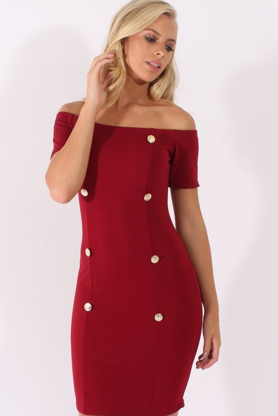 Clothing Rebellious Fashion | Wine Bardot Bodycon Button Detail Dress - Wallis