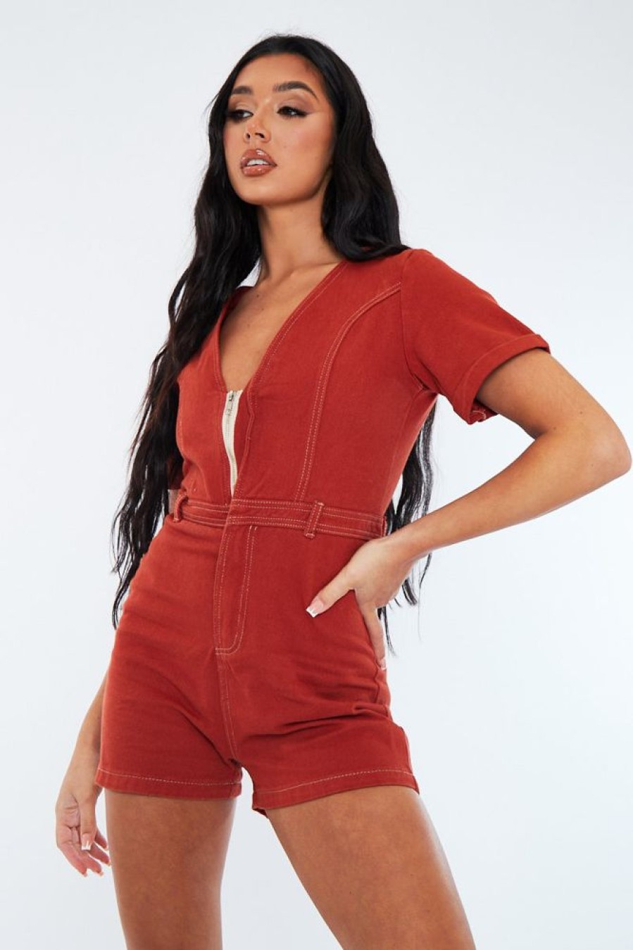 Clothing Rebellious Fashion | Rust Denim Utility Zip Up Playsuit - Addo