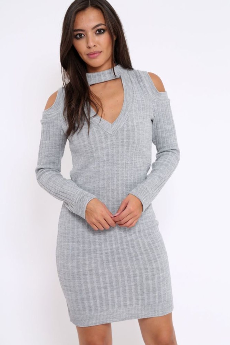 Clothing Rebellious Fashion | Grey Cold Shoulder And V Neck Cut Out Dress - Riona