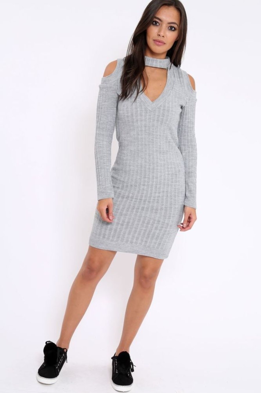 Clothing Rebellious Fashion | Grey Cold Shoulder And V Neck Cut Out Dress - Riona