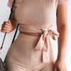 Clothing Rebellious Fashion | Nude Bandage Rib Tie Waist T-Shirt Trousers Co-Ord - Kalise