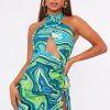 Clothing Rebellious Fashion | Blue Marble Halter Neck Cut Out Ruched Mini Dress - Oliviyah