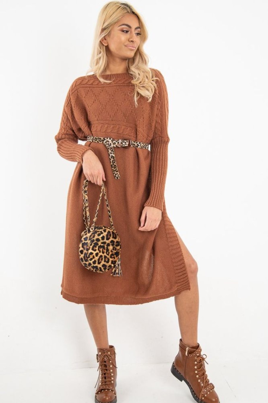 Clothing Rebellious Fashion | Rust Cable Knit Side Split Jumper Dress - Maniya