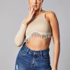 Clothing Rebellious Fashion | Beige Rib Knit Diamante Detail One Sleeve Cropped Top -- Aina