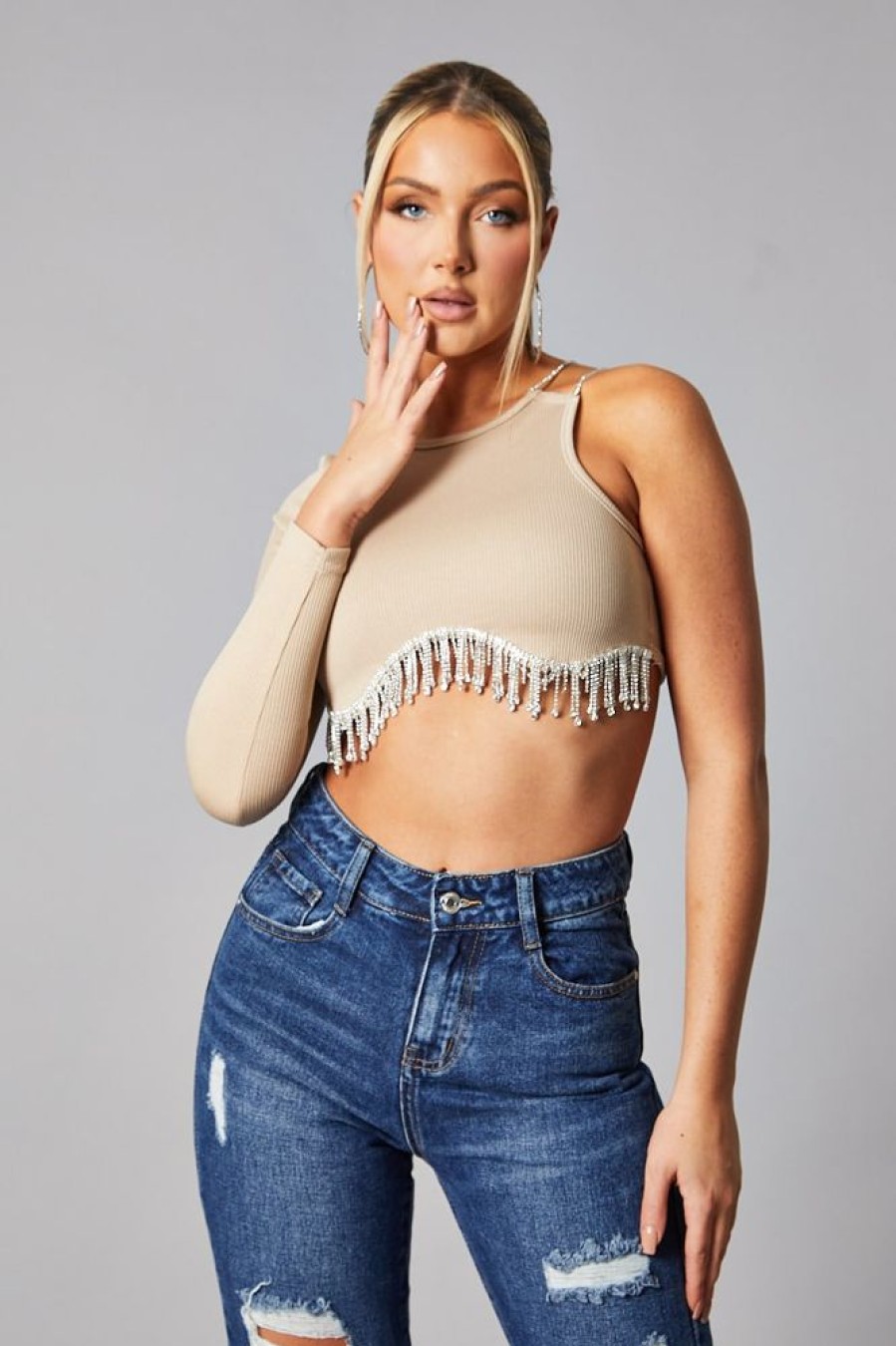 Clothing Rebellious Fashion | Beige Rib Knit Diamante Detail One Sleeve Cropped Top -- Aina