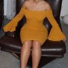 Clothing Rebellious Fashion | Mustard Bardot Flared Sleeve Dress - Ebony