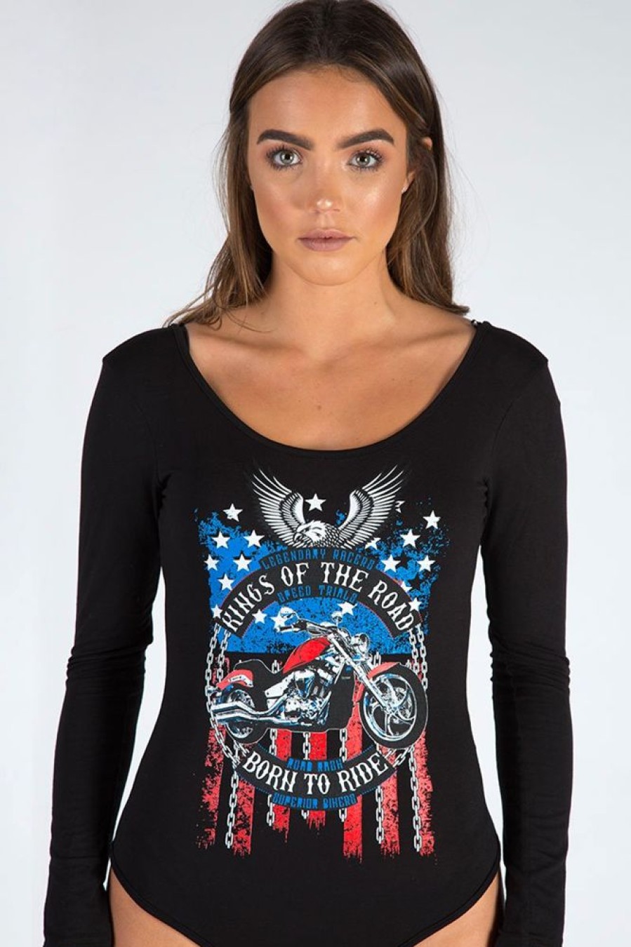 Clothing Rebellious Fashion | Black Long Sleeved Graphic Print Bodysuit - Sofia