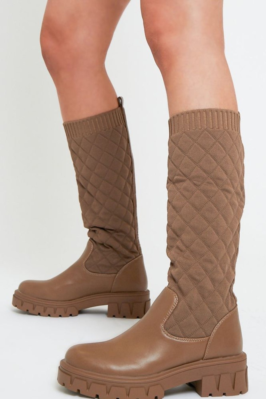 Shoes Rebellious Fashion | Brown Quilted Detail Knee High Boots - Bethsy