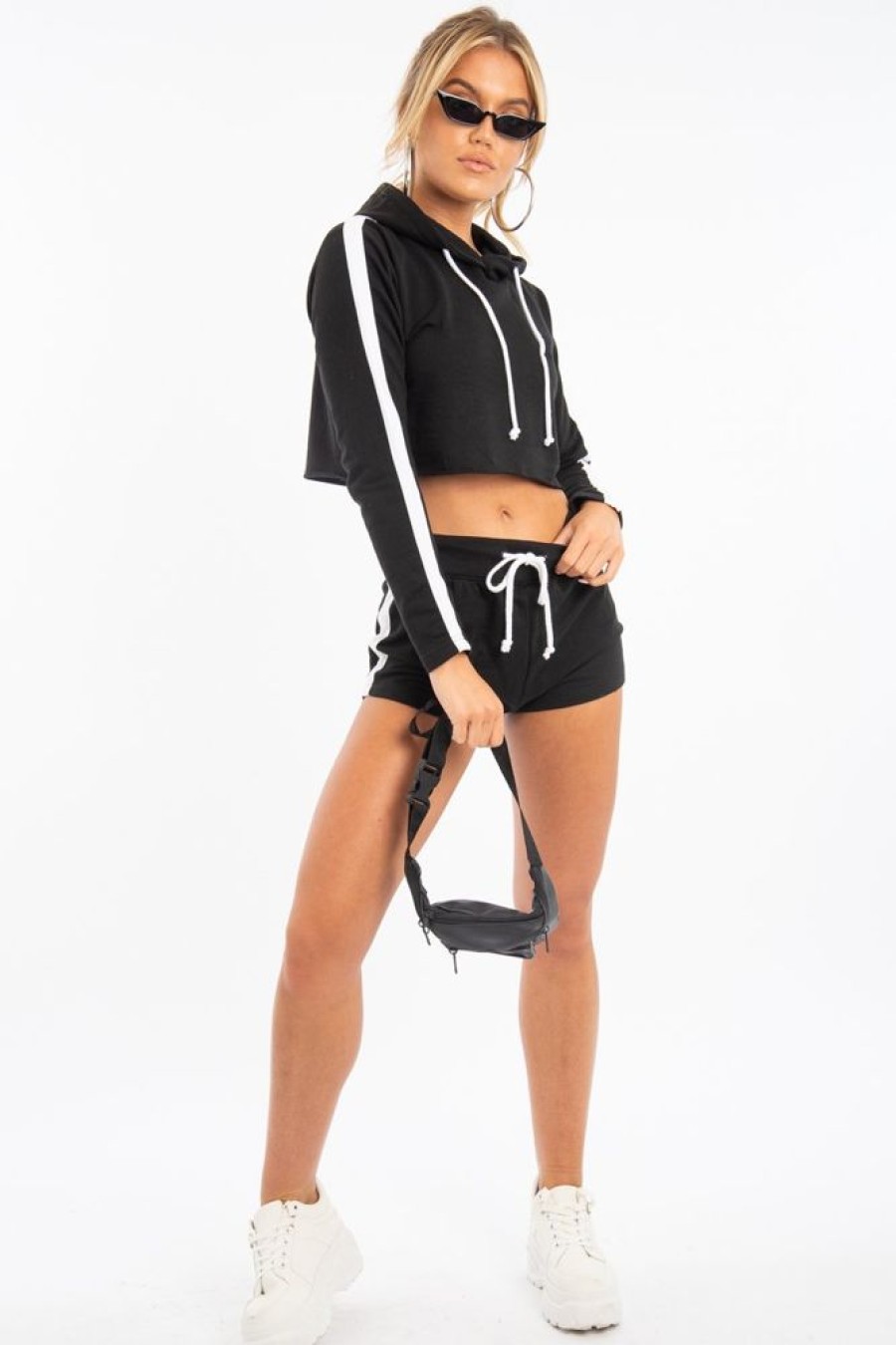 Clothing Rebellious Fashion | Black White Cropped Hoodie And Shorts Co-Ord - Kya