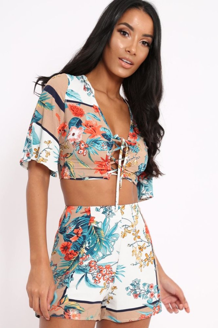 Clothing Rebellious Fashion | Floral With Beige Contrast Crop Top And Shorts Co-Ord - Cammy