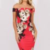 Clothing Rebellious Fashion | Red Floral Bardot V Front Midi Dress - Lynn