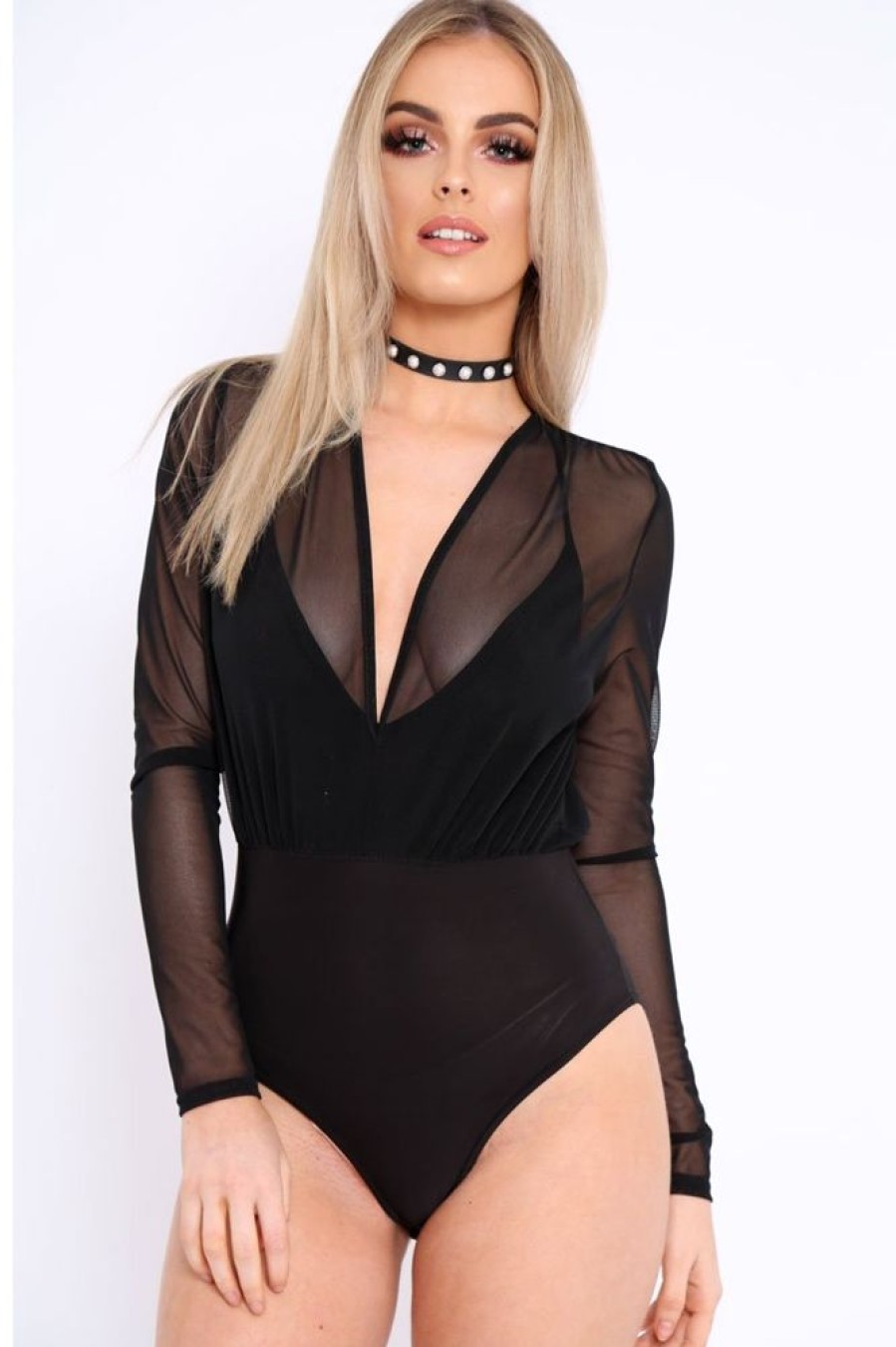 Clothing Rebellious Fashion | Black Mesh Plunge Front Bodysuit - Eyra