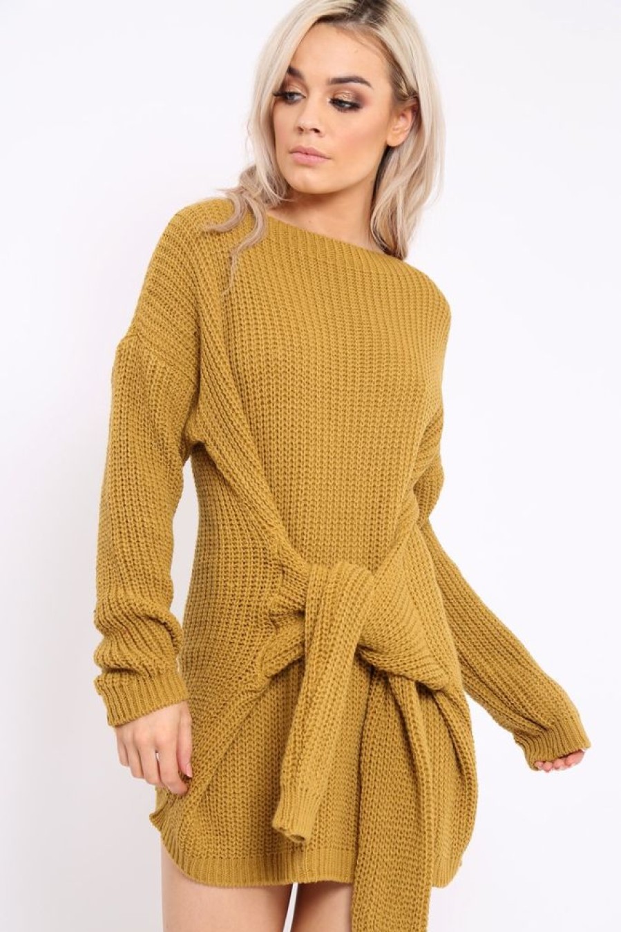 Clothing Rebellious Fashion | Mustard Tie Front Knitted Jumper Dress - Harley