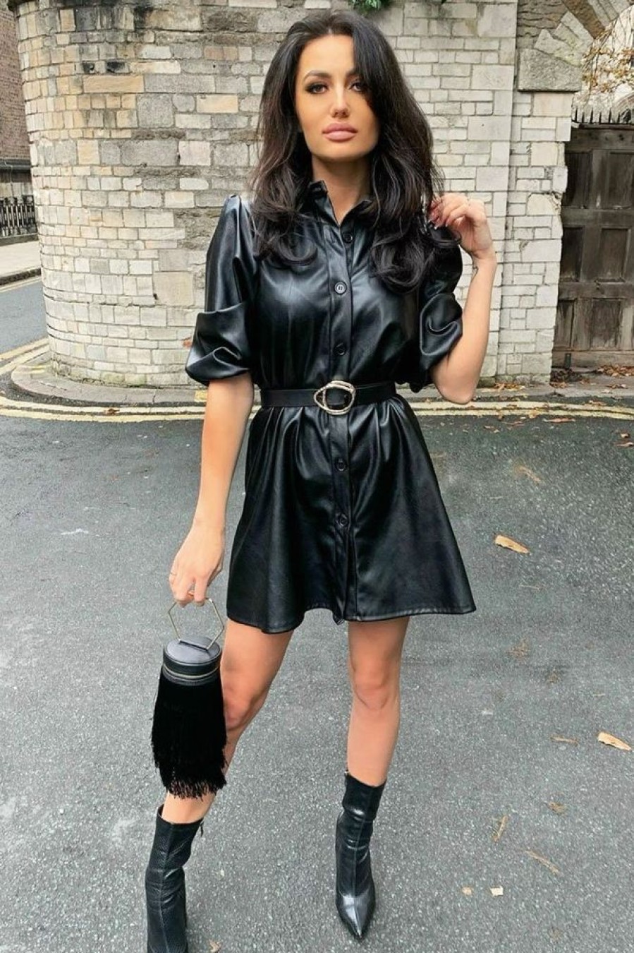 Clothing Rebellious Fashion | Black Faux Leather Puff Sleeve Shirt Dress - Fizza