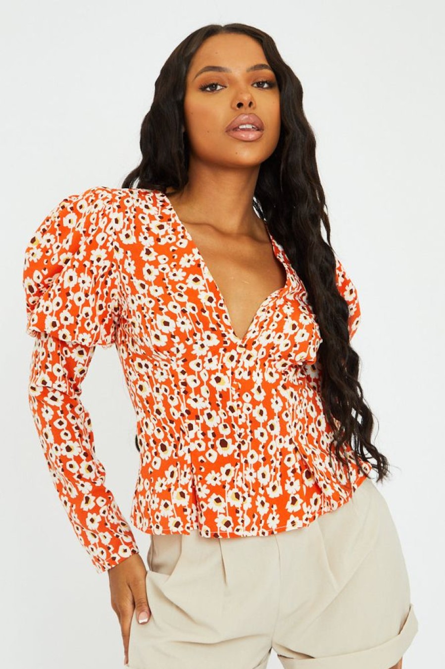 Clothing Rebellious Fashion | Orange Floral Print Puff Sleeve Top - Zoey