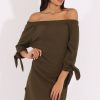 Clothing Rebellious Fashion | Khaki Bardot Tie Cuffs Dress - Whitney