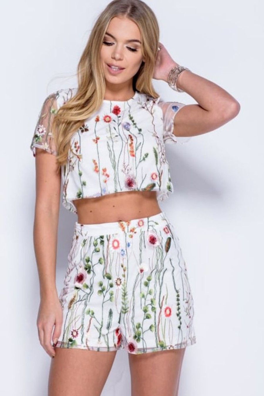 Clothing Rebellious Fashion | White Embroidered Floral Co-Ord - Roxy