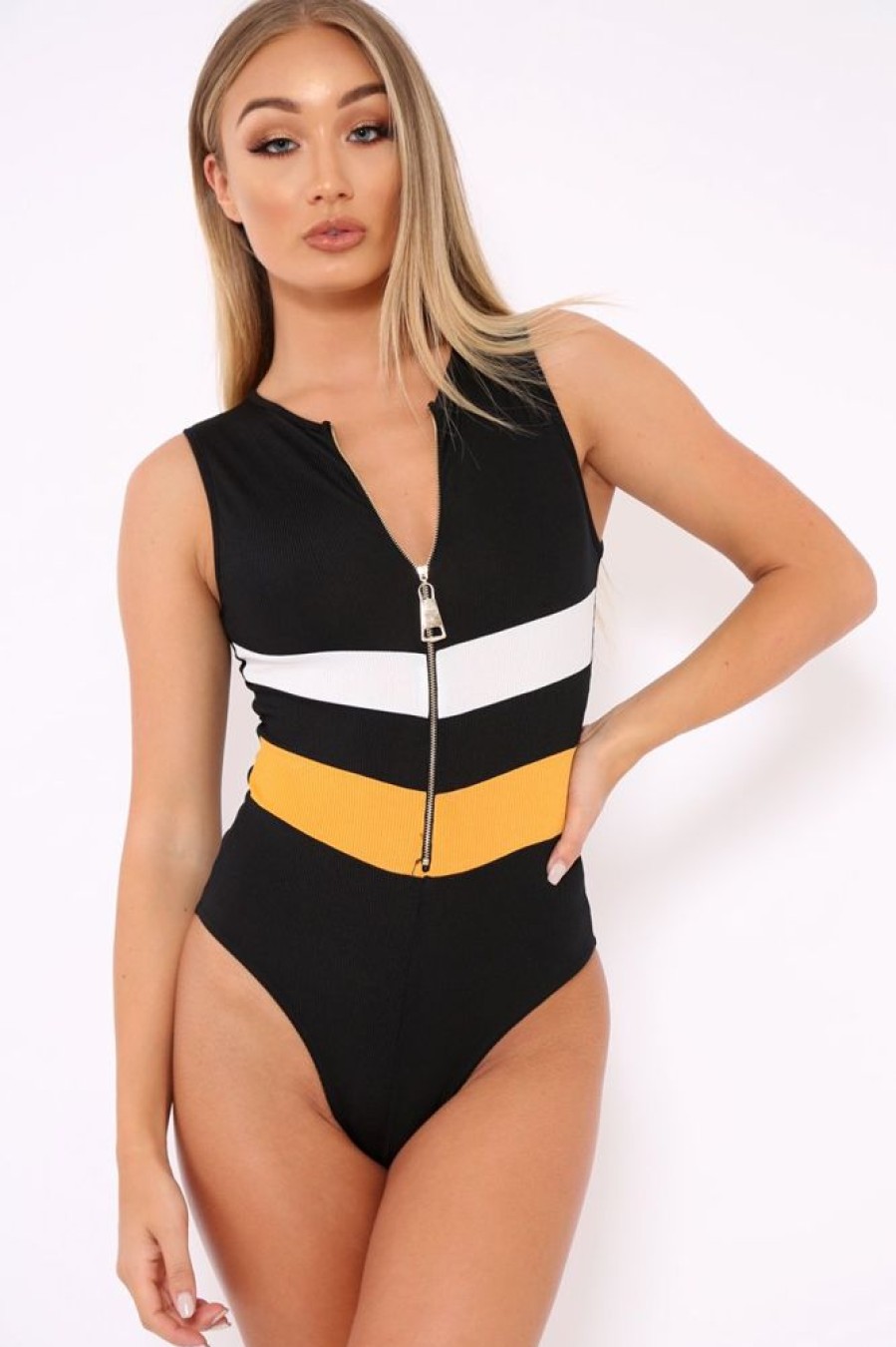 Clothing Rebellious Fashion | Black Mustard And White Chevron Zip Front Bodysuit - Elliani