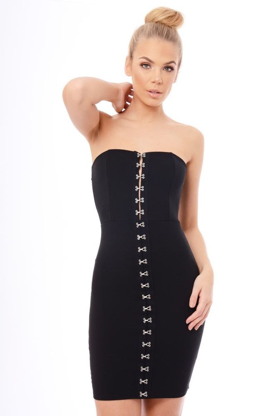 Clothing Rebellious Fashion | Black Eyelet Front Bandeau Mini Dress - Kayla