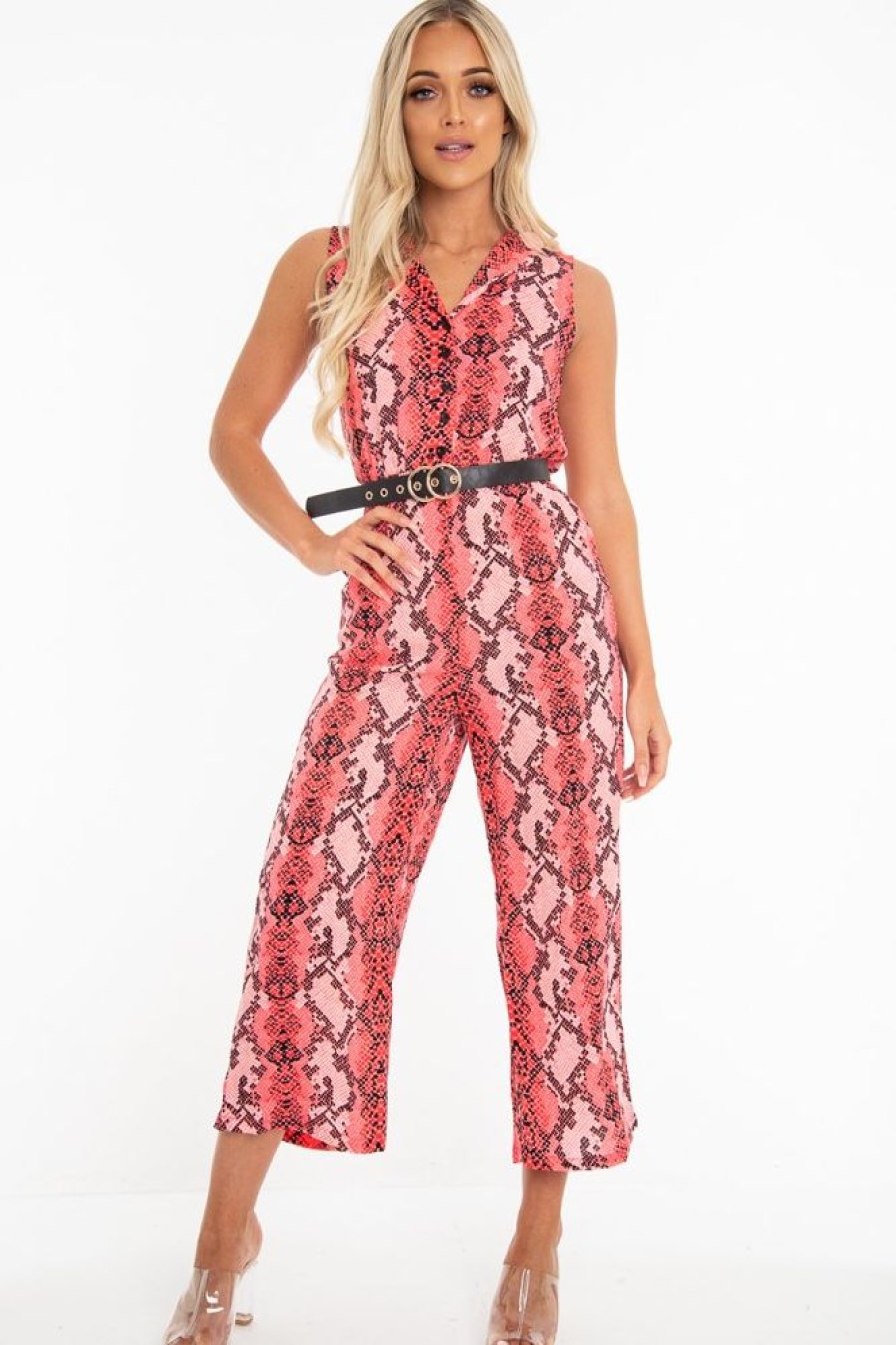 Clothing Rebellious Fashion | Neon Pink Snake Wide Leg Belted Jumpsuit - Sonny