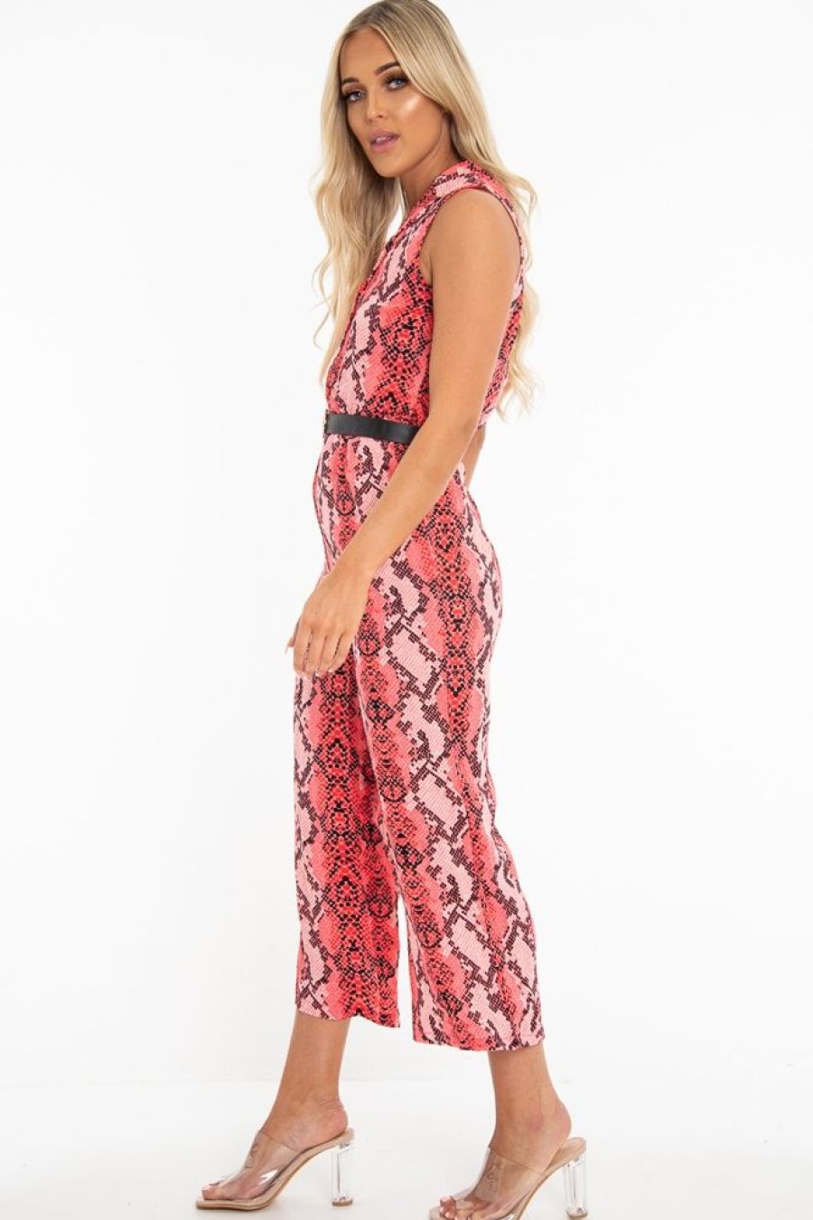 Clothing Rebellious Fashion | Neon Pink Snake Wide Leg Belted Jumpsuit - Sonny