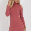 Clothing Rebellious Fashion | Coral Knitted Cold Shoulder Turtleneck Dress - Sherri