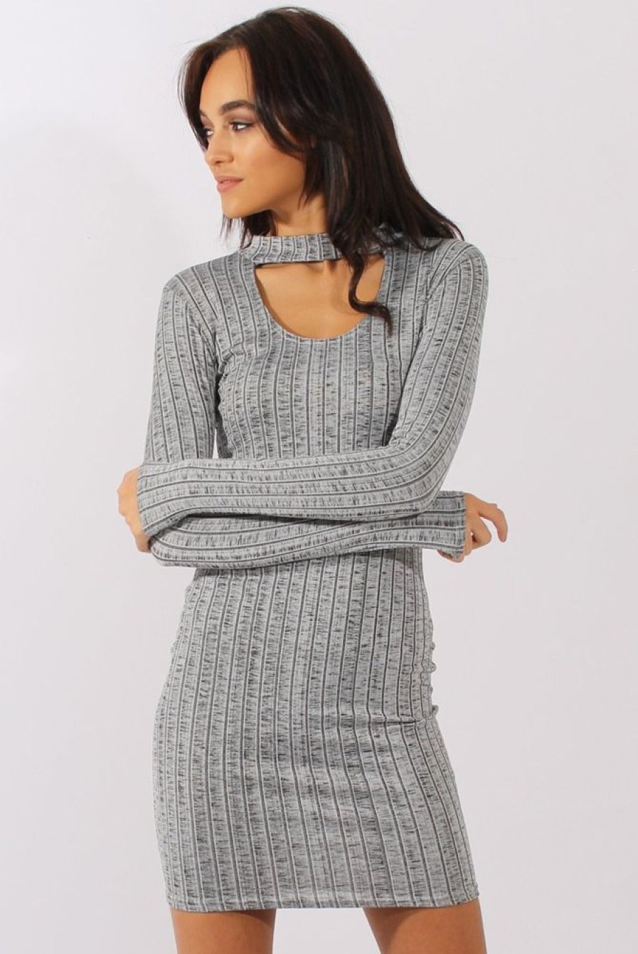 Clothing Rebellious Fashion | Grey Ribbed Cut Out Front Bodycon Dress - Lenny