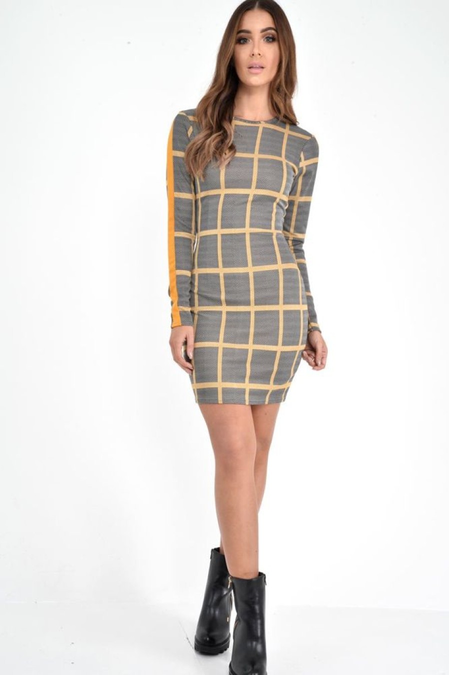 Clothing Rebellious Fashion | Black Mustard Check Long Sleeve Bodycon Dress - Jasmine