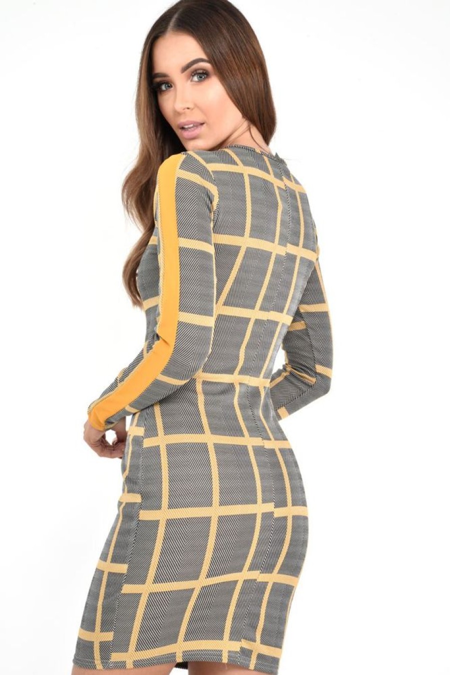 Clothing Rebellious Fashion | Black Mustard Check Long Sleeve Bodycon Dress - Jasmine