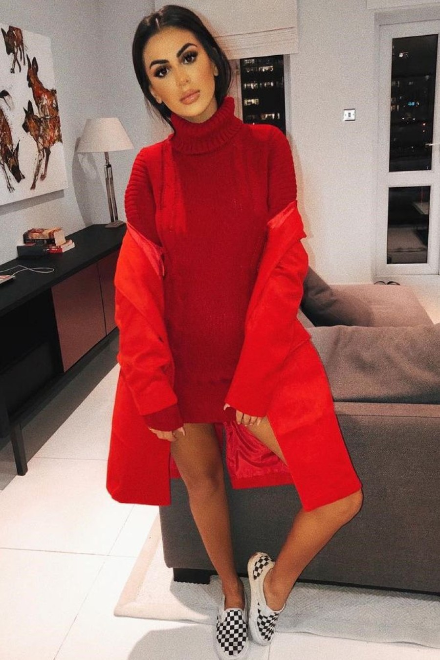 Clothing Rebellious Fashion | Red Roll Neck Chunky Knit Jumper Dress - Hydie