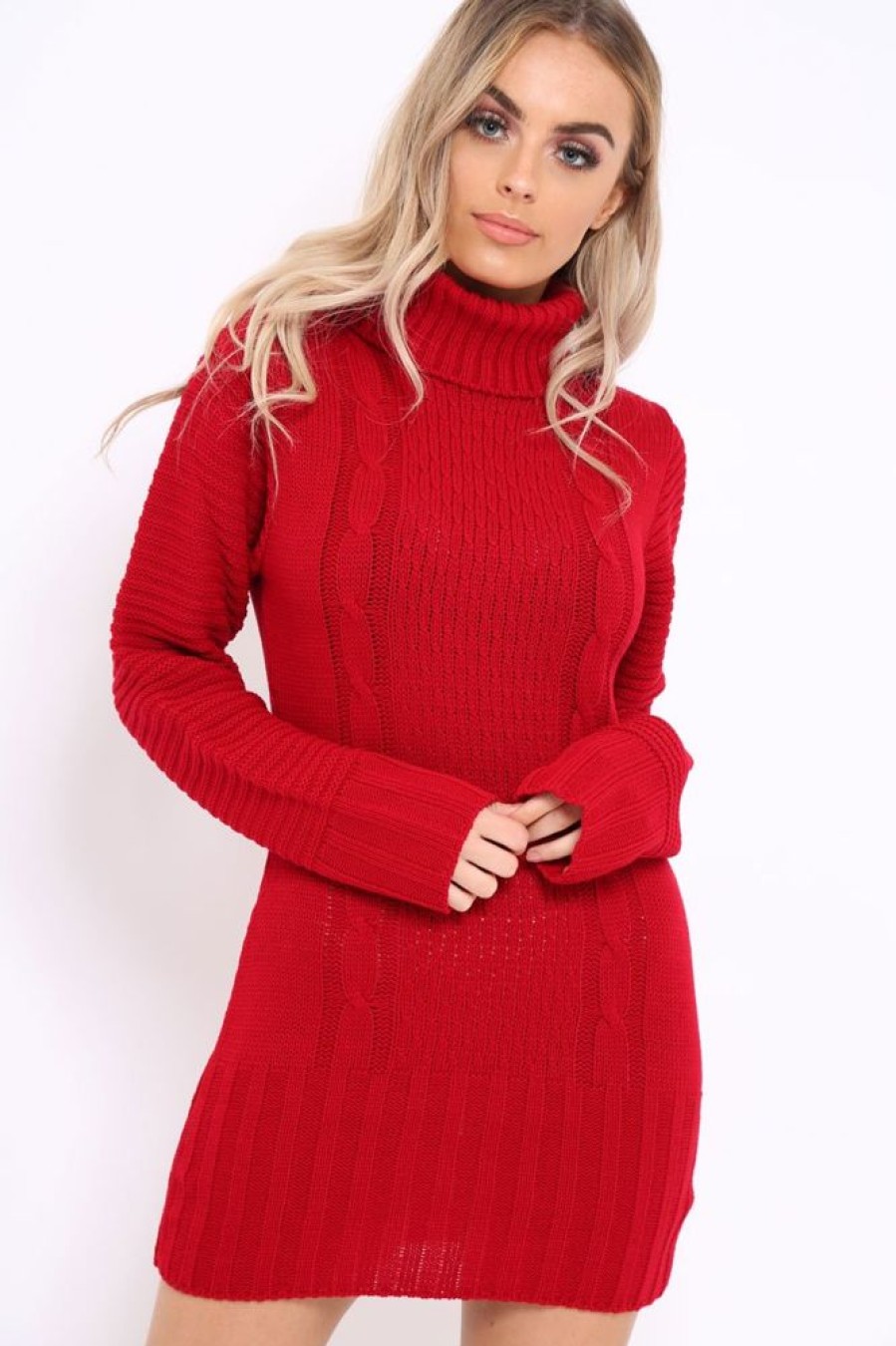 Clothing Rebellious Fashion | Red Roll Neck Chunky Knit Jumper Dress - Hydie