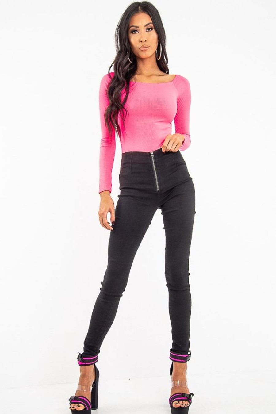 Clothing Rebellious Fashion | Neon Pink Ribbed Square Neck Bodysuit - Alysha