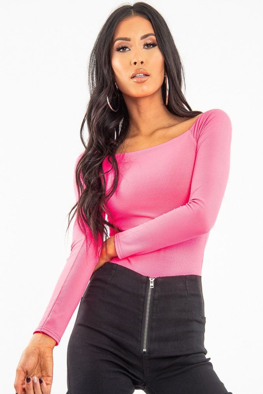 Clothing Rebellious Fashion | Neon Pink Ribbed Square Neck Bodysuit - Alysha