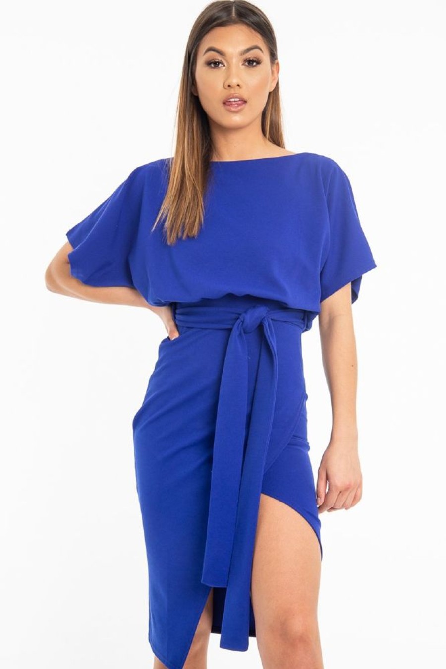 Clothing Rebellious Fashion | Dark Blue Tie Waist Front Split Batwing Dress - Ranessa