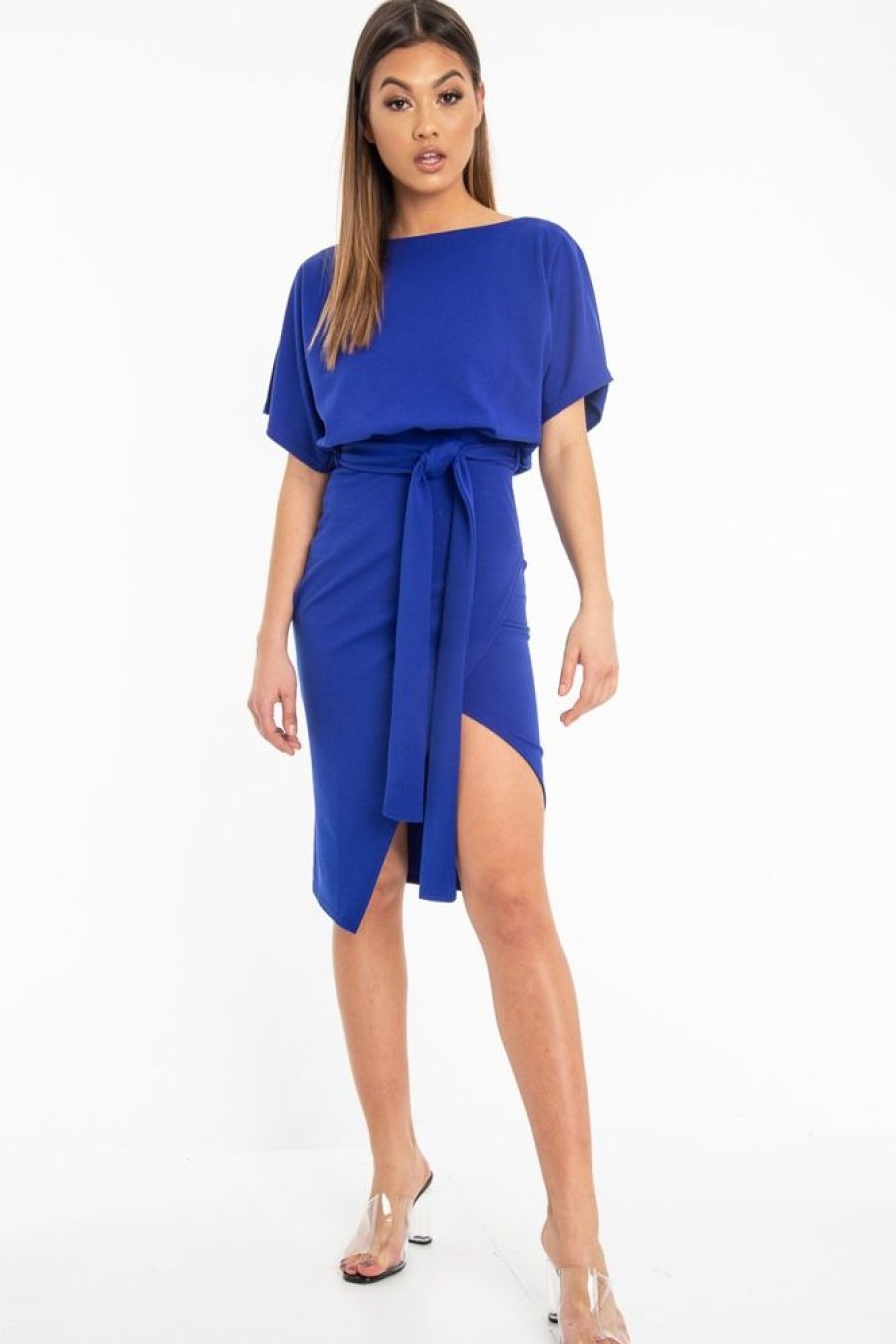 Clothing Rebellious Fashion | Dark Blue Tie Waist Front Split Batwing Dress - Ranessa