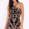 Clothing Rebellious Fashion | Black Copper Sequin Halter Neck Mini Dress - Emily