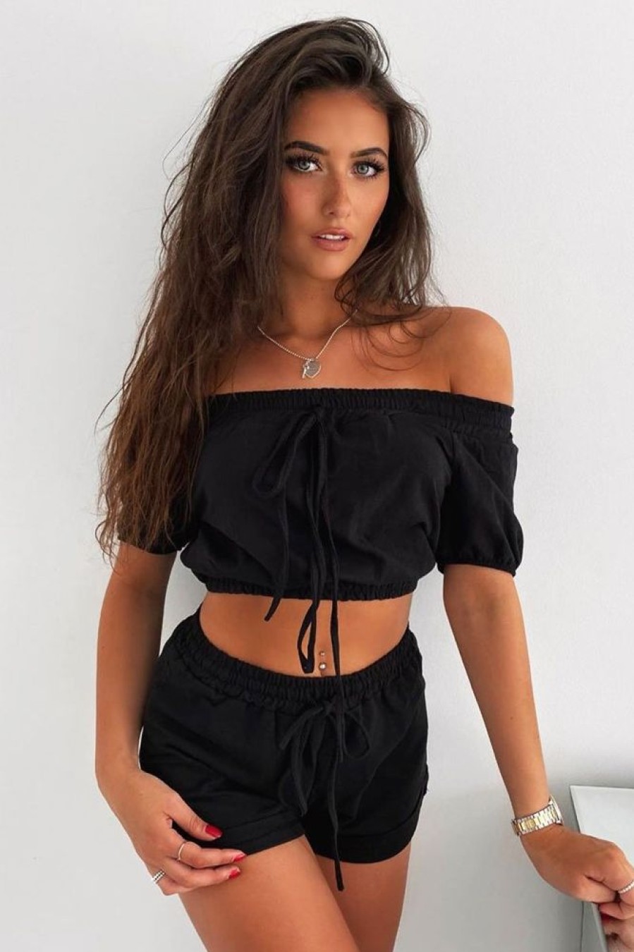 Clothing Rebellious Fashion | Black Bardot Crop And Shorts Loungewear Co-Ord - Jahari