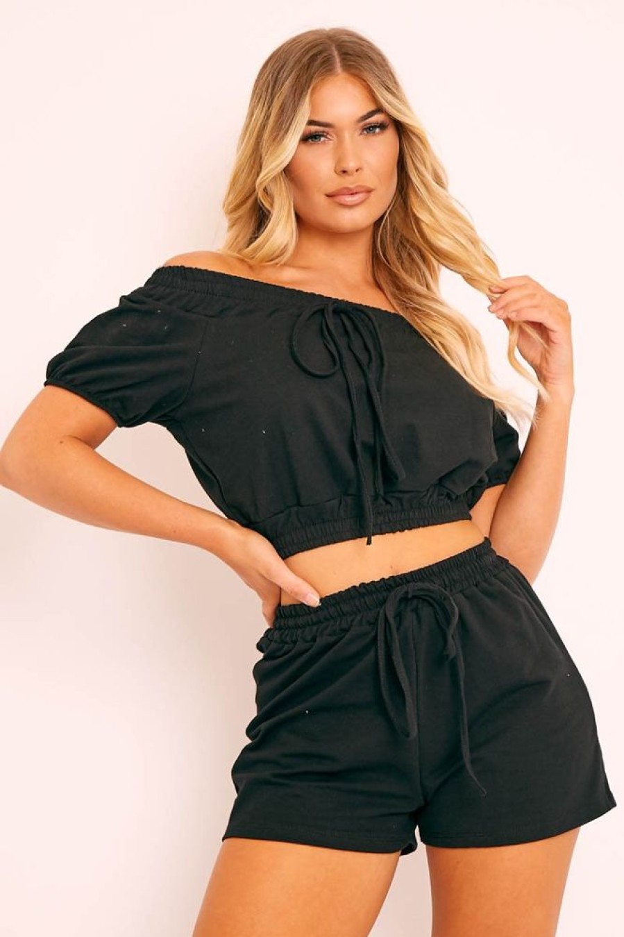 Clothing Rebellious Fashion | Black Bardot Crop And Shorts Loungewear Co-Ord - Jahari