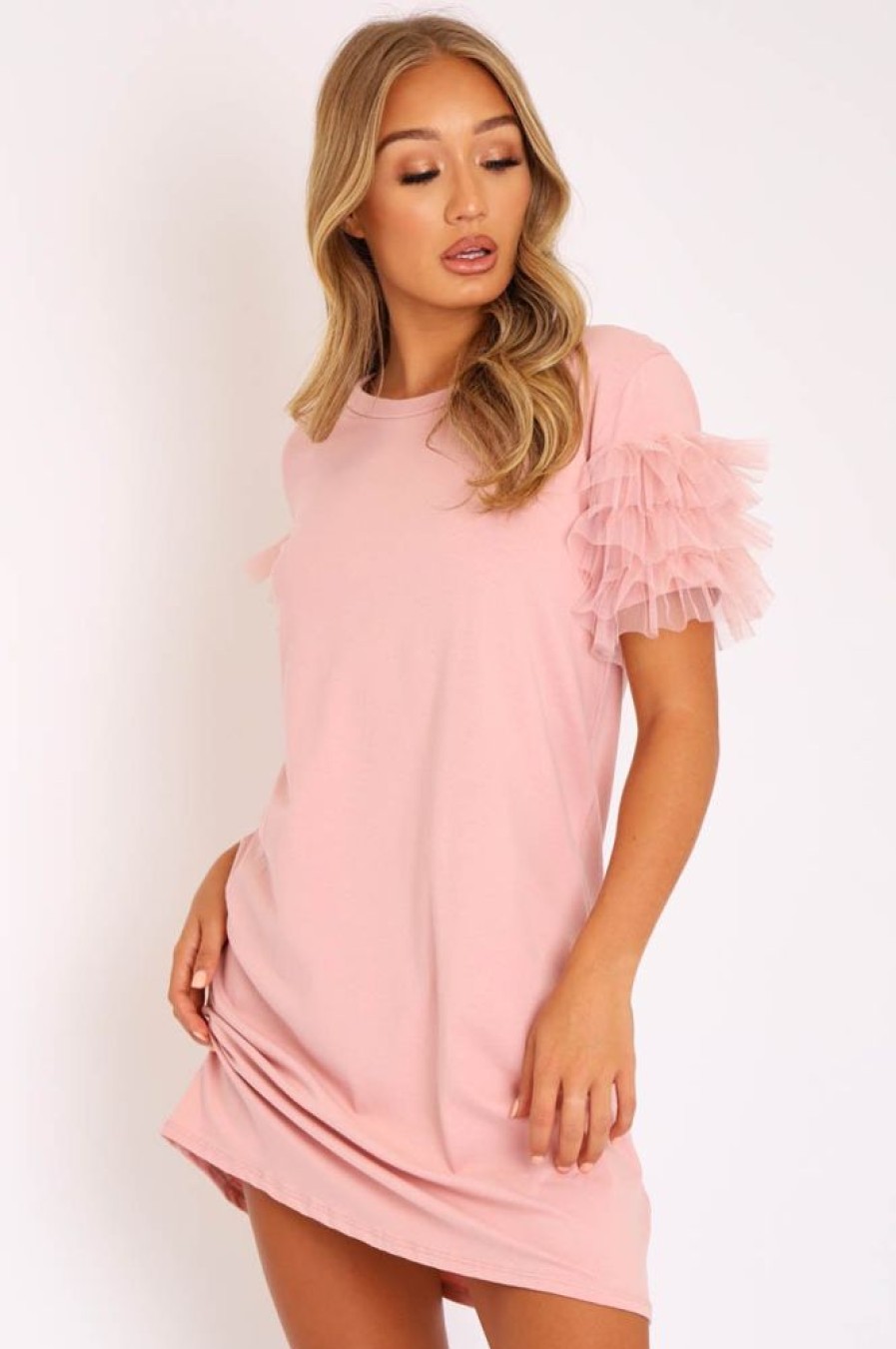 Clothing Rebellious Fashion | Pink Mesh Ruffle Sleeve T-Shirt Dress - Stefi