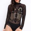 Clothing Rebellious Fashion | Black Mesh Velvet Applique Gold Stud Bodysuit - Jordanna