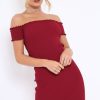 Clothing Rebellious Fashion | Wine Ribbed Frill Hem Bardot Bodycon Dress - Kamille