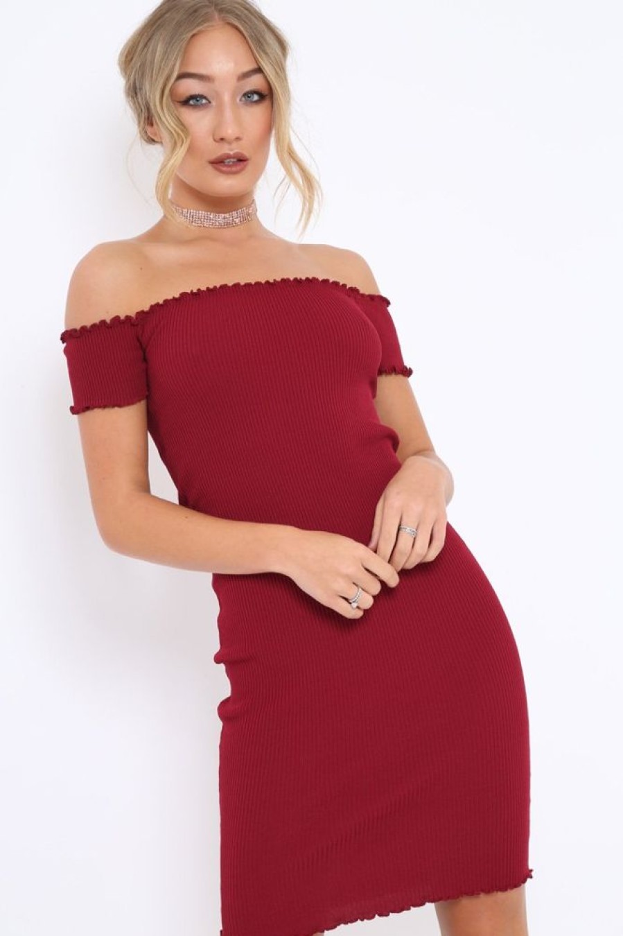 Clothing Rebellious Fashion | Wine Ribbed Frill Hem Bardot Bodycon Dress - Kamille